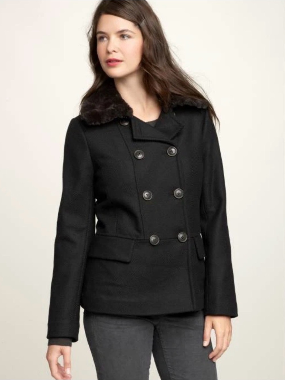 GAP Black Double-Breasted Pea Coat with Faux Fur Collar